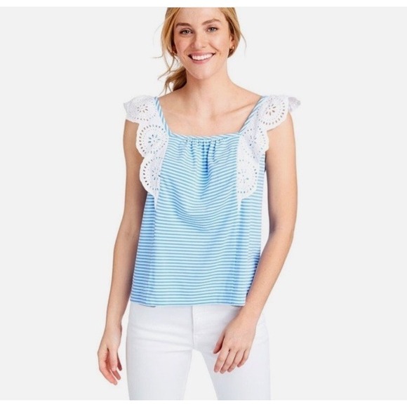 Vineyard Vines Tops - Vineyard Vines Women Small Eyelet Flutter Sleeves Blue & White Striped Top Flowy
